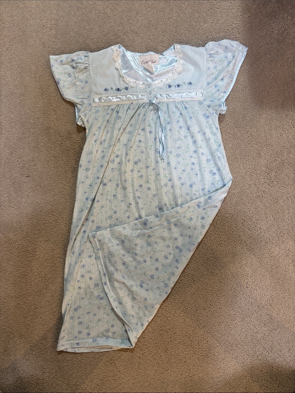 Vintage Carroll Reed Cozy Light Blue Floral Nightgown with Lace Trim